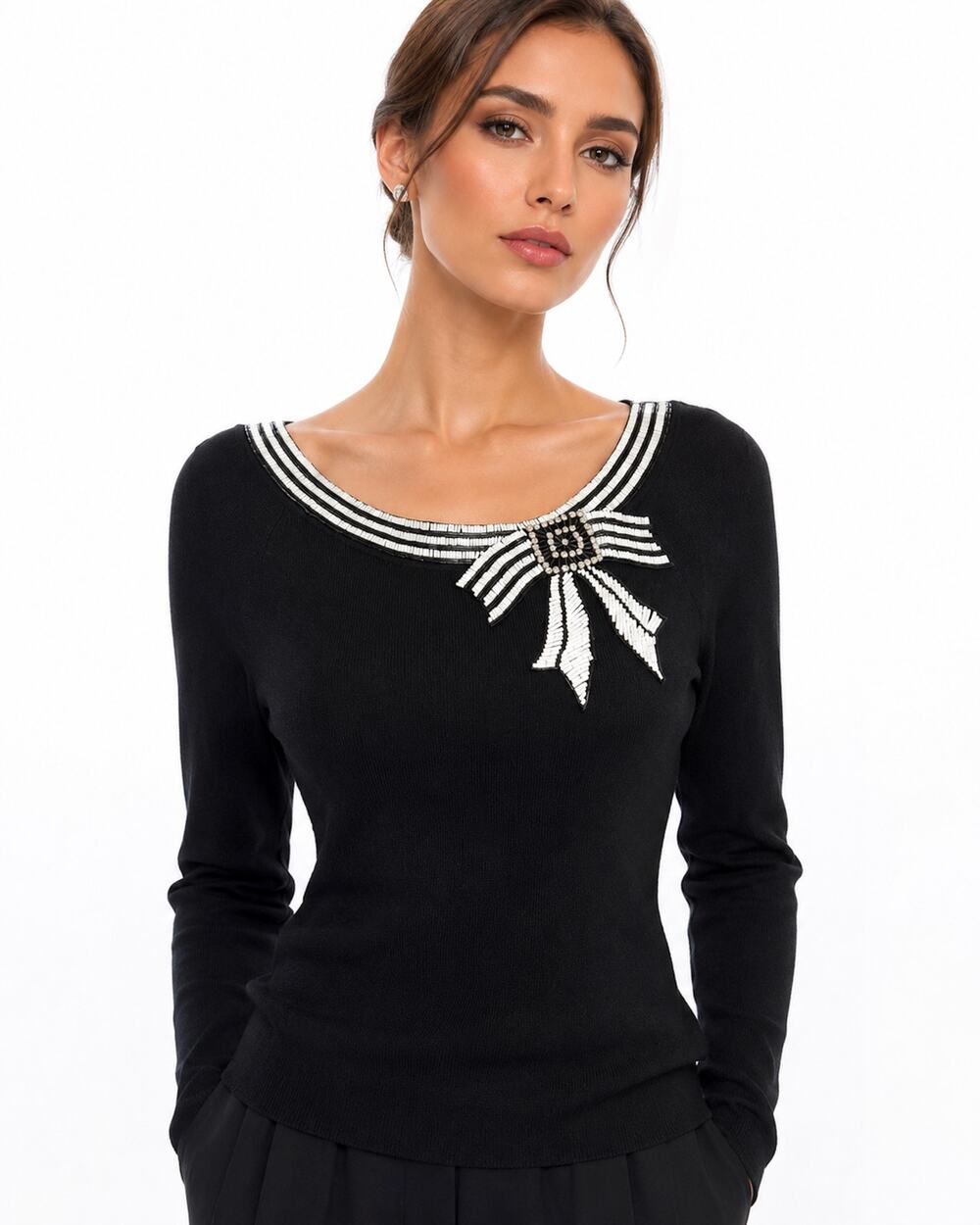 Vintage 90s Cartise Beaded Bow Sweater Black Knit Rhinestone L
